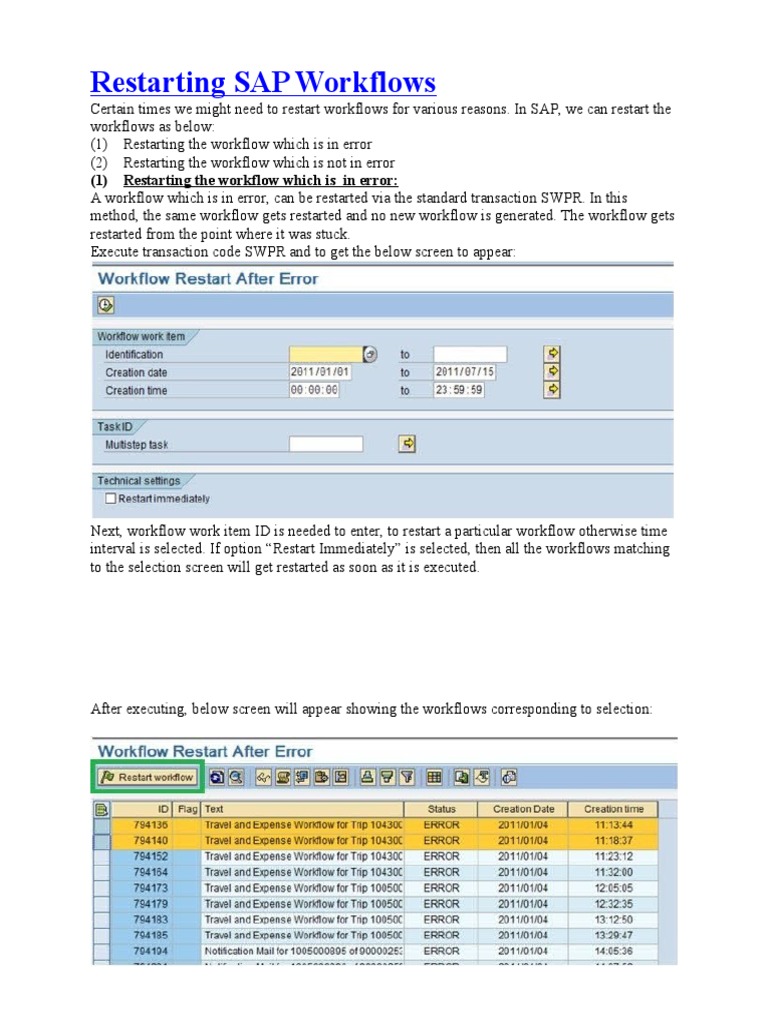 Restarting SAP Workflows (1) Restarting The Workflow Which Is in Error
