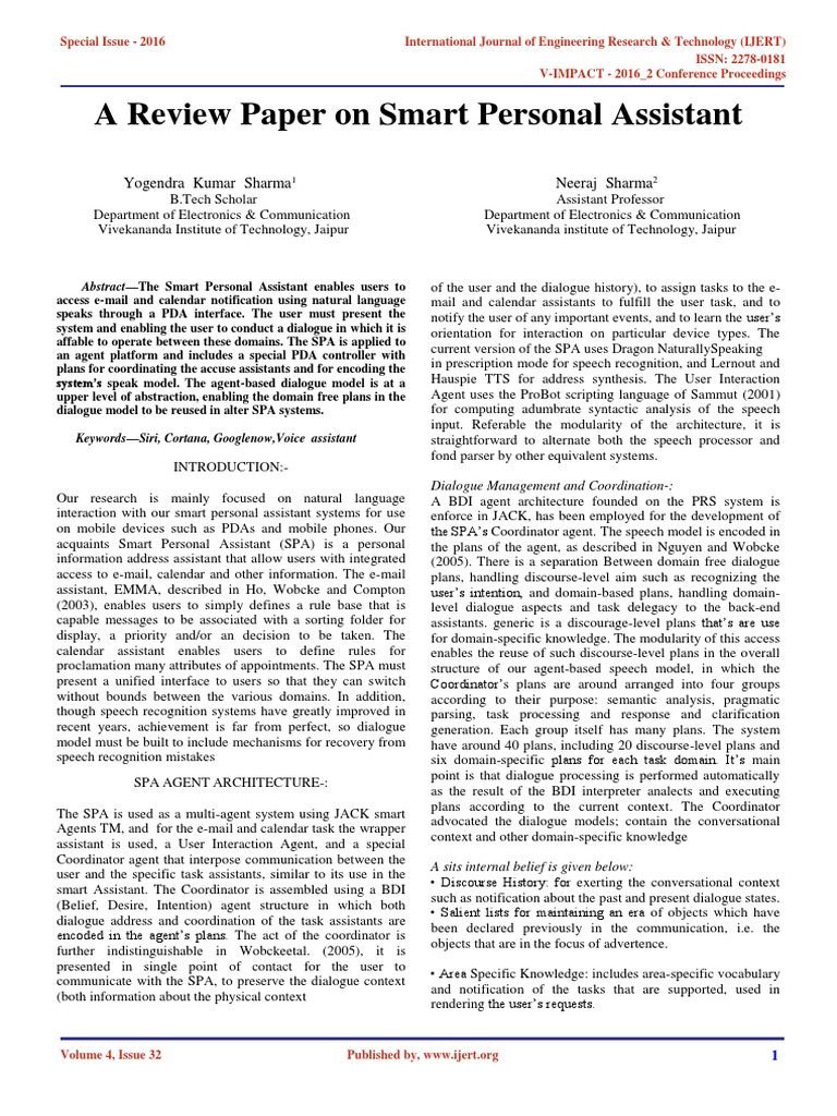 Smart Personal Assistant Review Paper | PDF | Watson (Computer ...