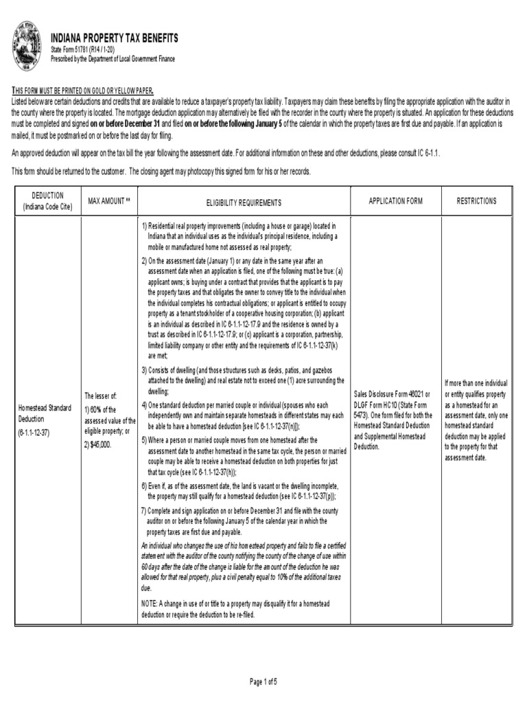 Indiana Property Tax Benefits State Form 51781 (R14 / 120) Prescribed