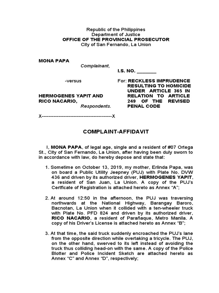 Complaint for Reckless Imprudence Homicide | PDF | Affidavit | Transport