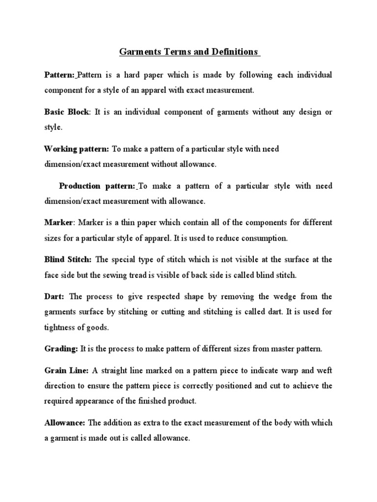 Garments Terms & Definition PDF Sewing Seam (Sewing)