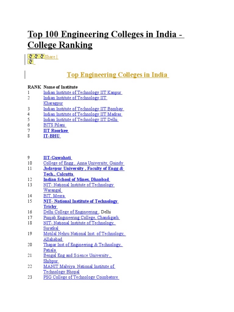 Top 100 Engineering Colleges in India | PDF | Jawaharlal Nehru | Higher ...