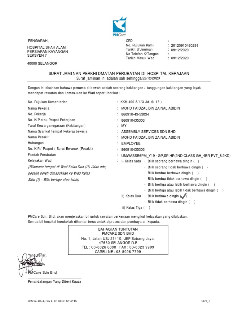 Surat Jaminan Perkhidmatan Perubatan Di Hospital Kerajaan Pdf