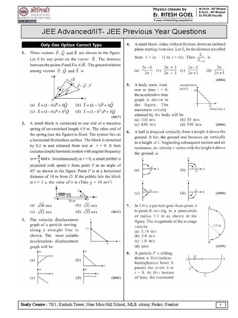 JEE Advanced Previous Year Questions, Kinematics PDF Geometry