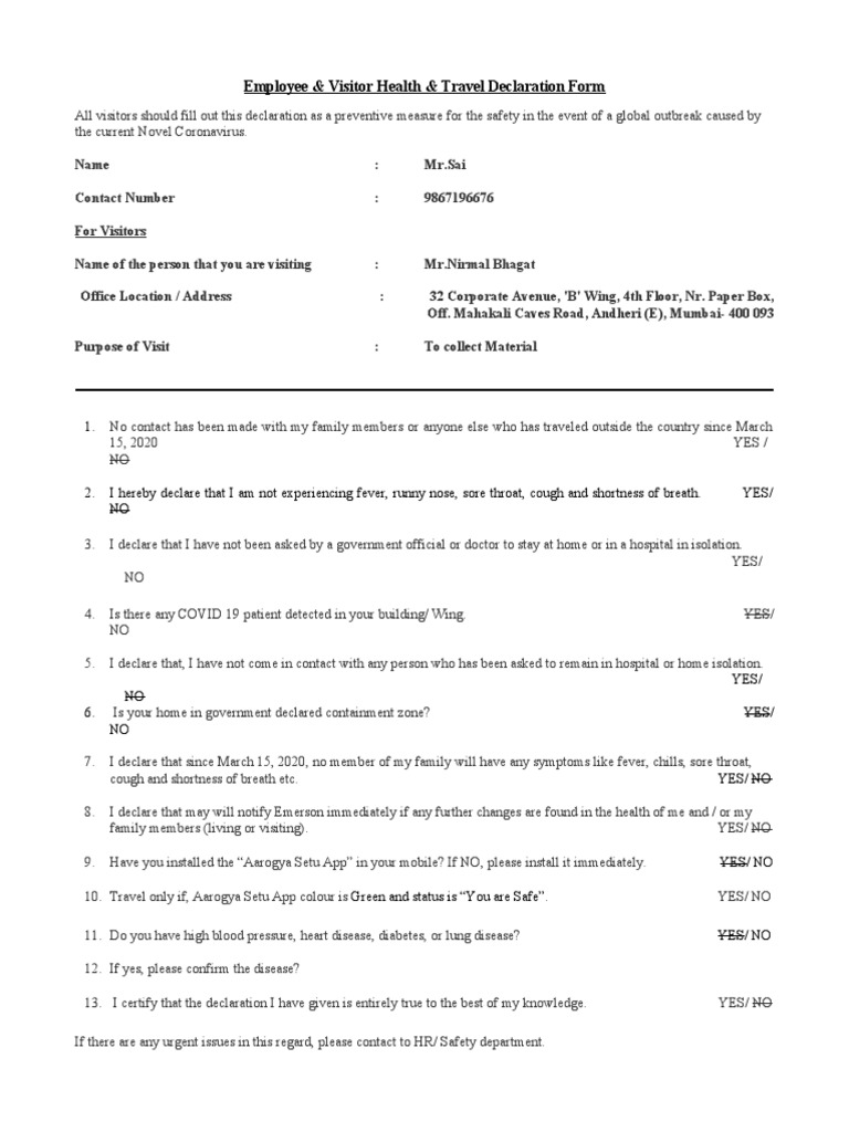 Visitor Health & Travel Declaration Form | PDF | Respiratory Diseases ...