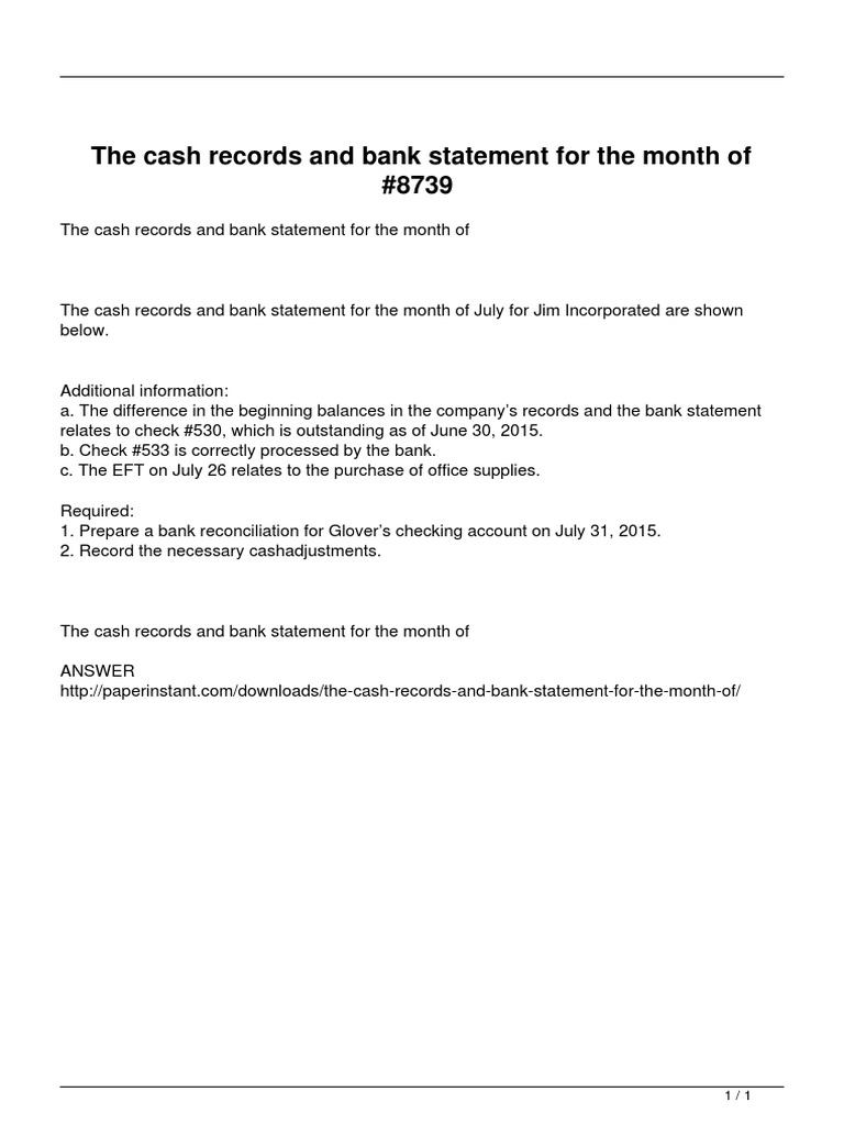 The Cash Records and Bank Statement For The Month of PDF