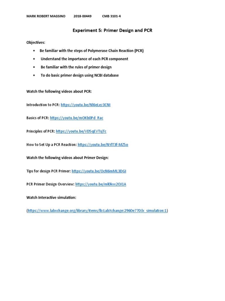 Primer Design and PCR Experiment Guide | PDF | Polymerase Chain ...