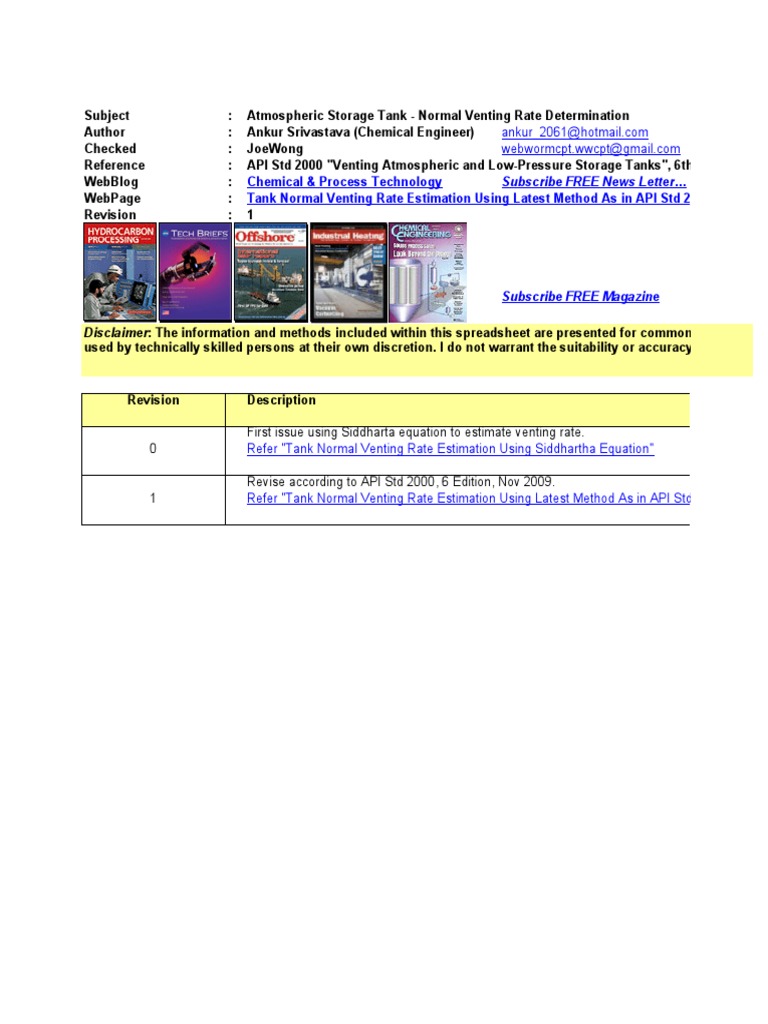 Chemical & Process Technology Tank Normal Venting Rate Estimation Using ...