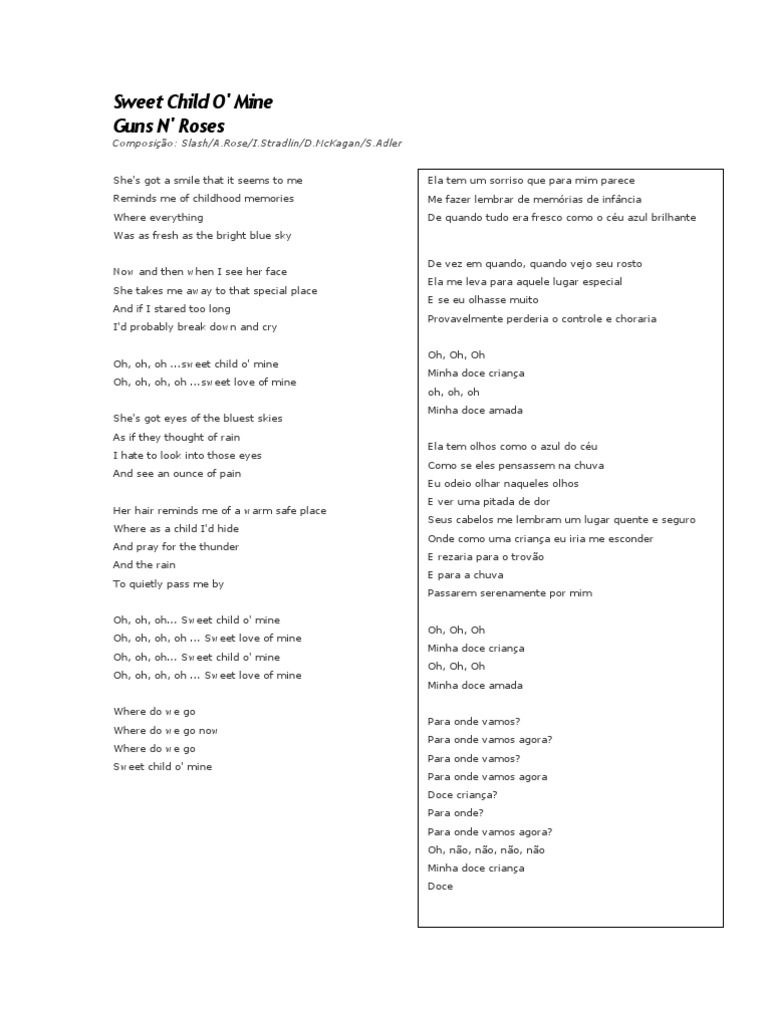 Tradução da música Sweet Child O' Mine | PDF | Músicos americanos ...
