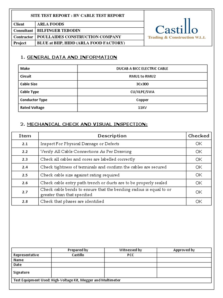 HV Cable Test Report 1 PDF High Voltage Insulator (Electricity)