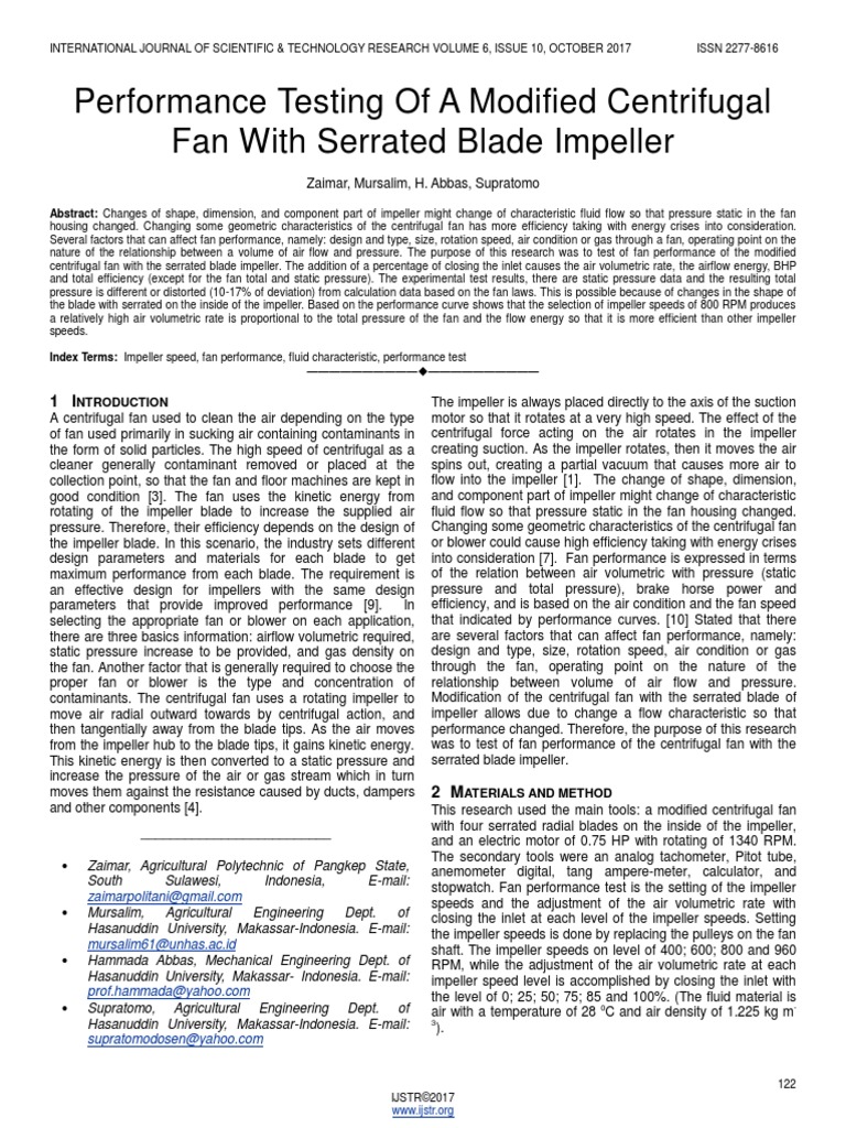 Performance Testing of A Modified Centrifugal Fan With Serrated Blade ...