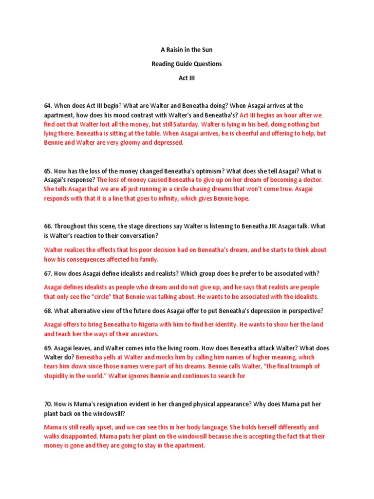 9 Raisin in The Sun Reading Questions Act III PDF