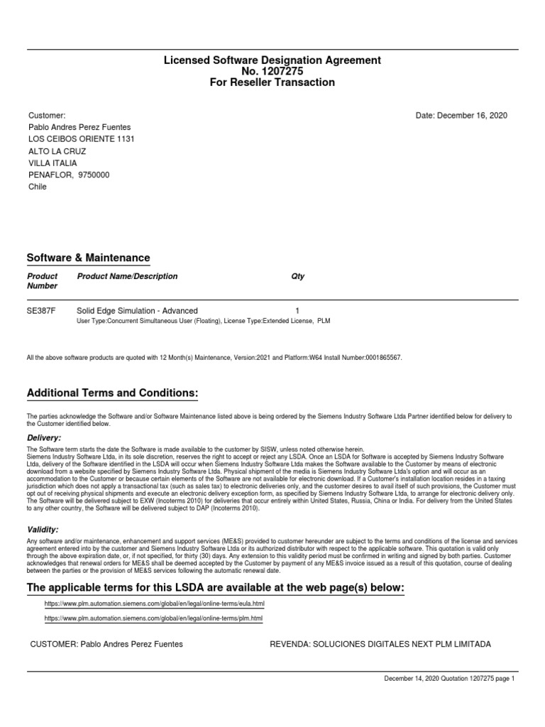 Siemens Software License Quotation 1207275 | PDF | Software | Computing
