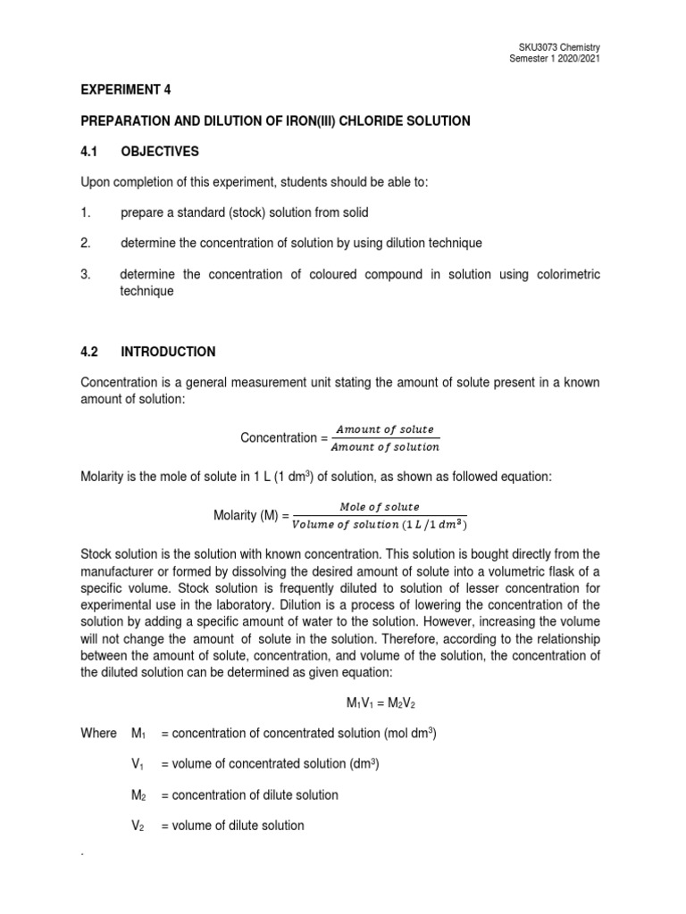 Experiment 4 Preparation and Dilution of Iron (Iii) Chloride Solution 4 ...