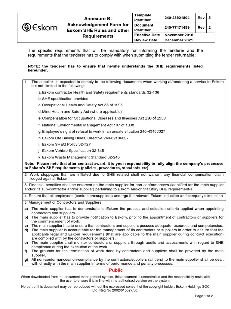 Tender Returnable Acknowledgement Form For Eskom SHE Rules and Other