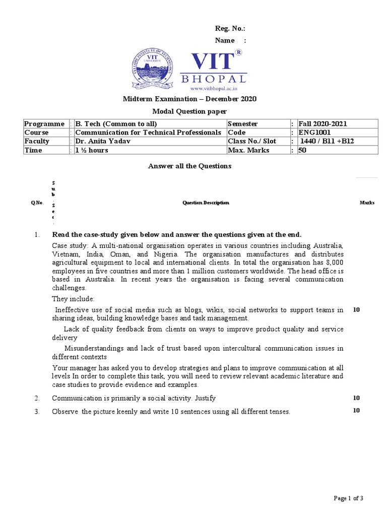 Modal Question Paper - FS 2020 | PDF | Communication | Human Communication