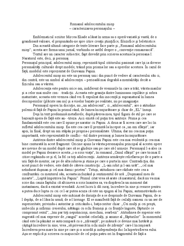 referat.clopotel.ro-Romanul adolescentului miop -caracterizara