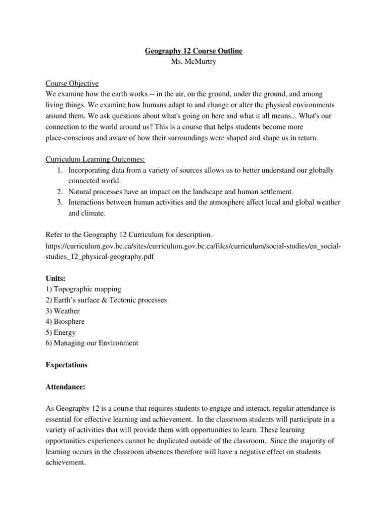 Geography 12 Outline PDF Geography Educational Assessment
