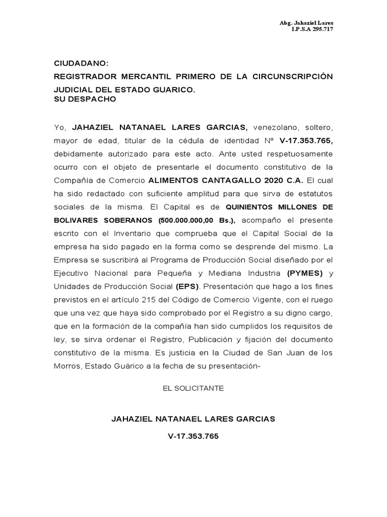 Acta Constitutiva Inversiones Romero Torres 2020 | PDF | Compartir ...