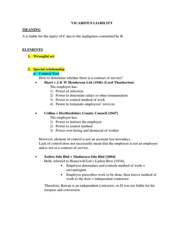 Vicarious Liability Pdf Tort Vicarious Liability