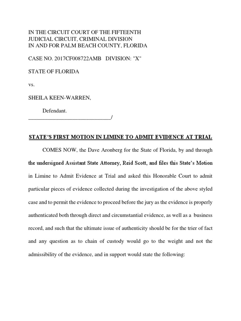 State's First Motion in Limine To Admit Evidence at Trial of Sheila