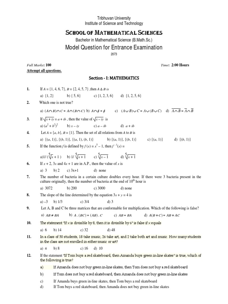 Entrance Exam Model Questions for B.Math.Sc. | PDF | Metaphysics ...