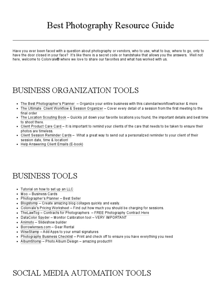 Best Photography Resource Guide - Colorvale | PDF | Word Press | Search ...