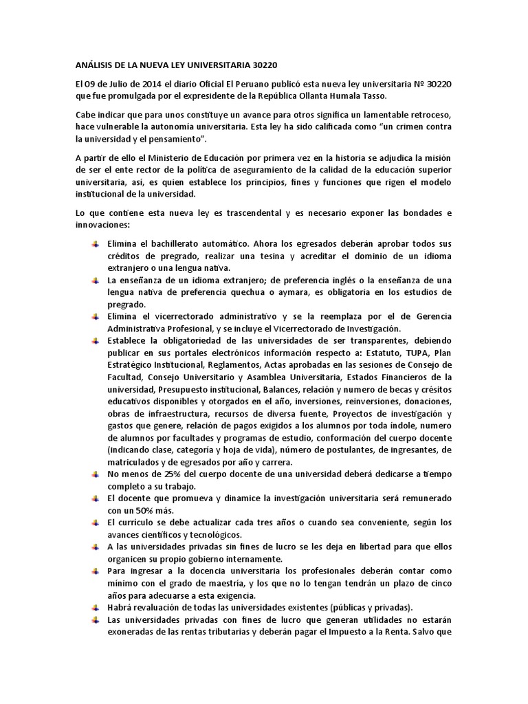 Analisis Ley Universitaria 30220 PDF Universidad Titulo academico