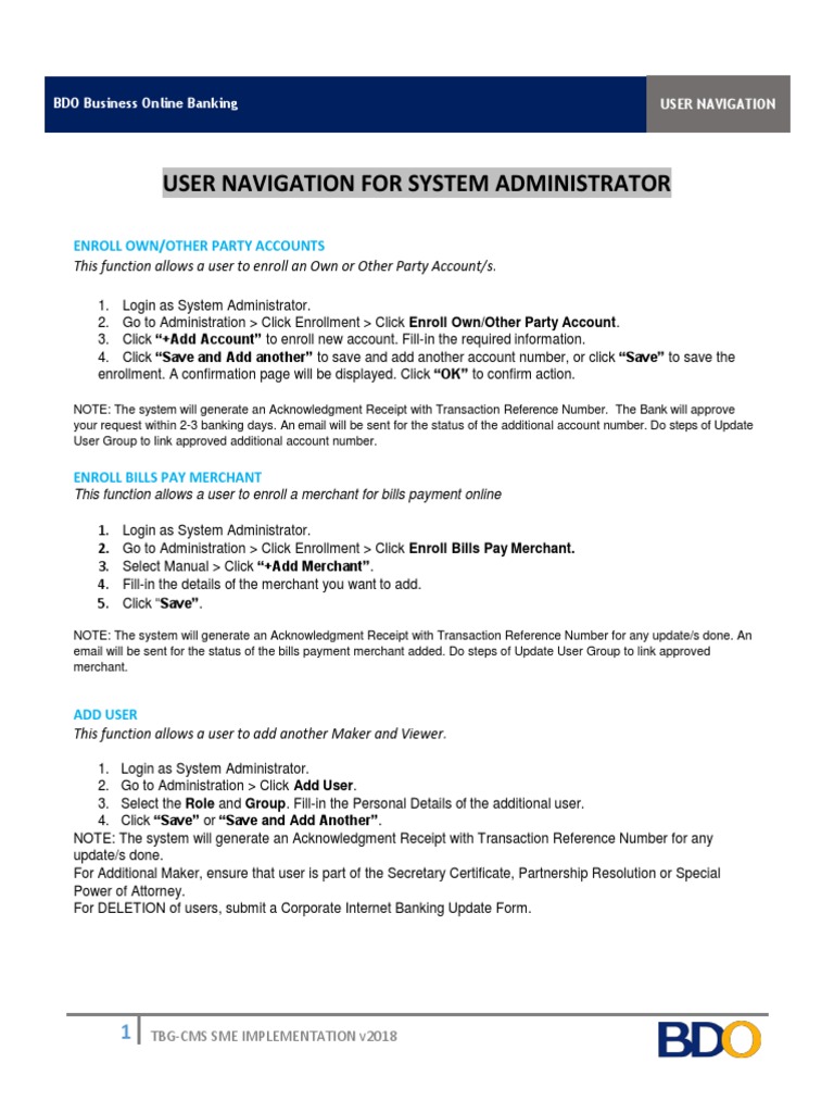BDO User Navigation For System Administrator | PDF | Online Banking | Banks  & Banking