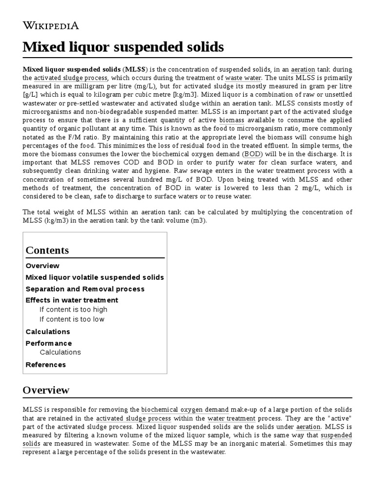 Mixed Liquor Suspended Solids PDF Environmental Engineering Pollution