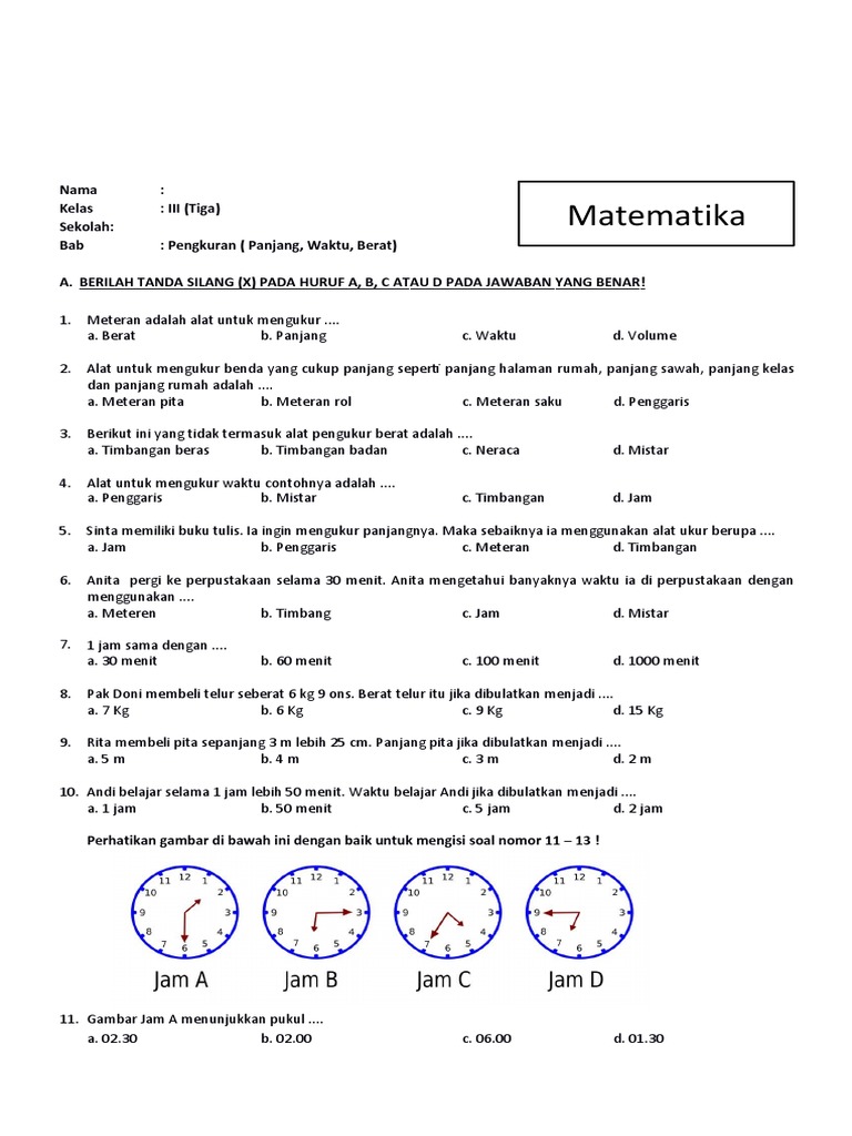 Soal Matematika Kelas 3 Sd Bab 5 Pengukuran Panjang Waktu Dan Berat Dan Kunci Jawaban Pdf
