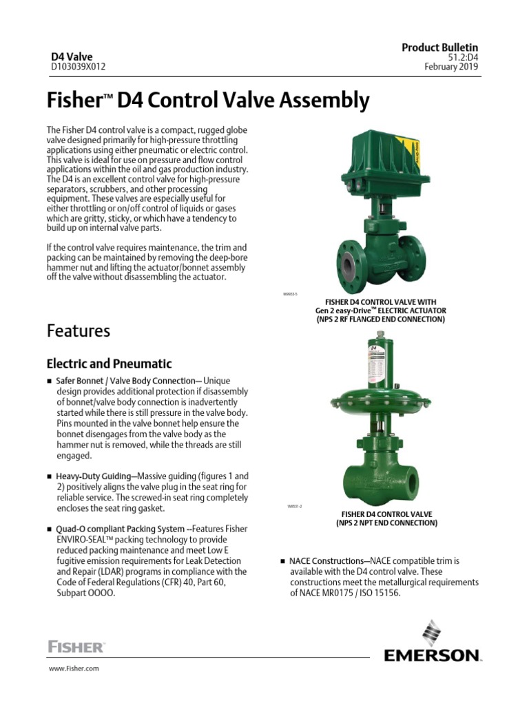 Fisher D4 Control Valve Assembly Features PDF Valve Pounds Per