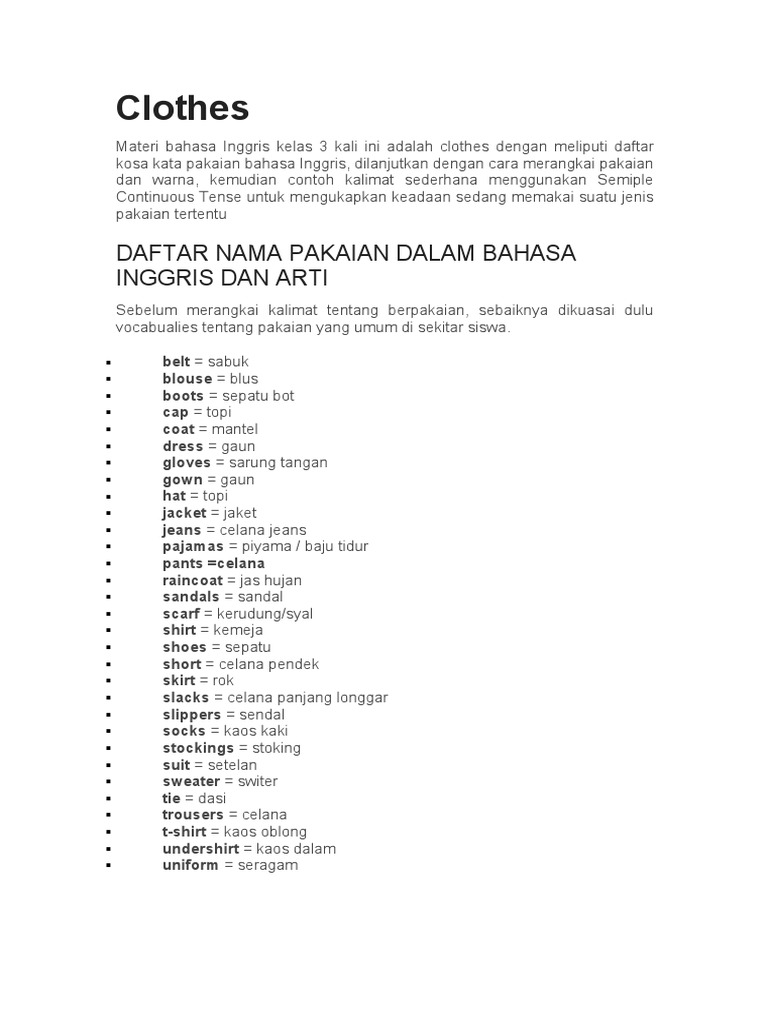 Materi Bahasa Inggris Clothes Pdf