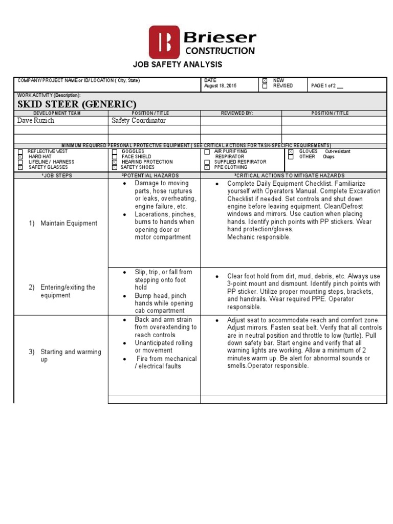 Skid Steer (Generic) Job Safety Analysis PDF Personal Protective