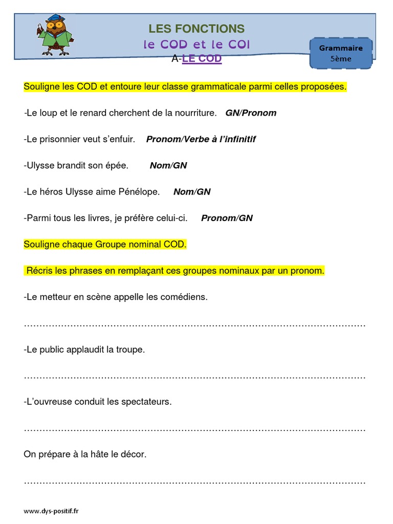 Exercice De Français 5ème Grammaire à Imprimer Exercices Cod Coi Cos 5eme PDF | PDF | Complément d'objet | Phrase