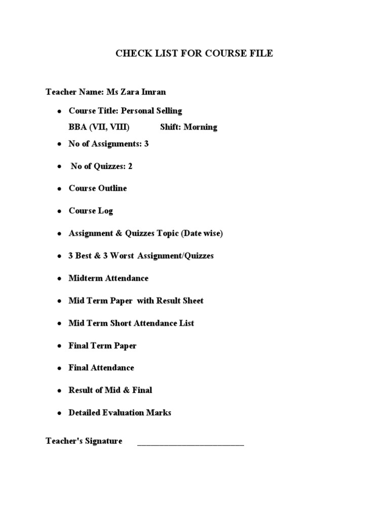 Check List For Course File: Teacher Name: Ms Zara Imran | PDF | Career ...