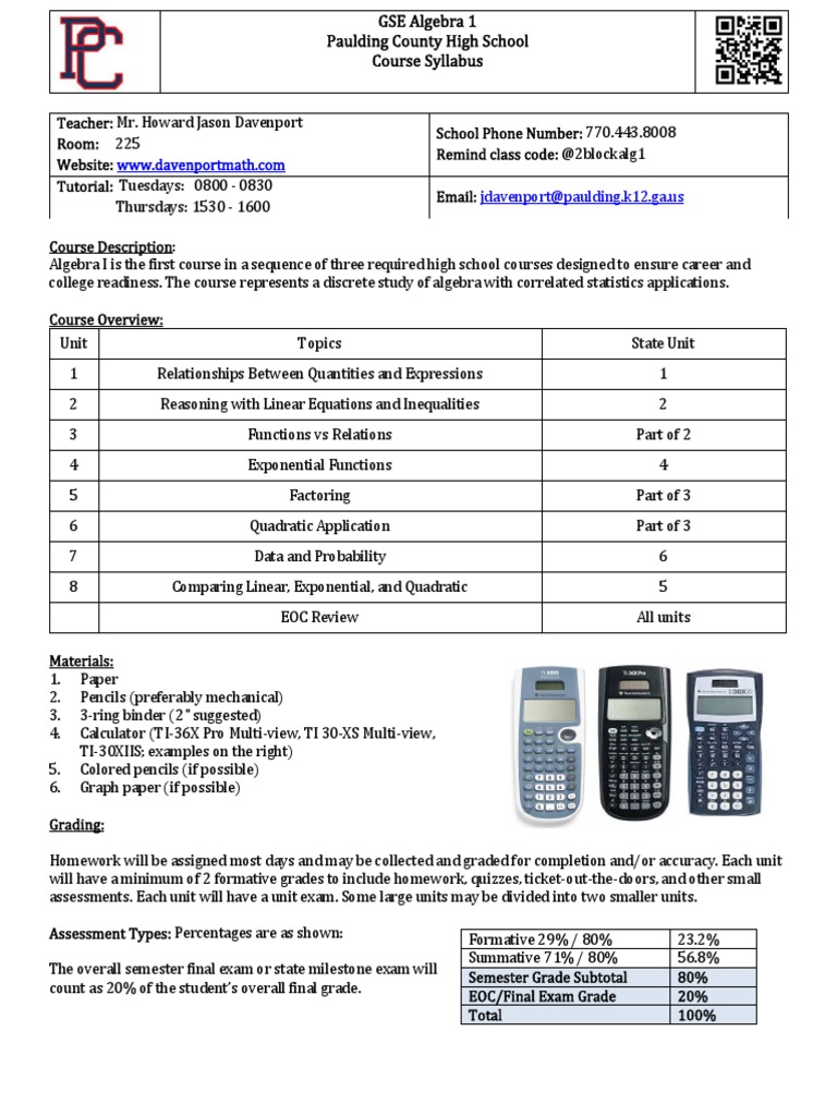 Davenport Syllabus Algebra 1 Spring 2021 PDF Teachers Test