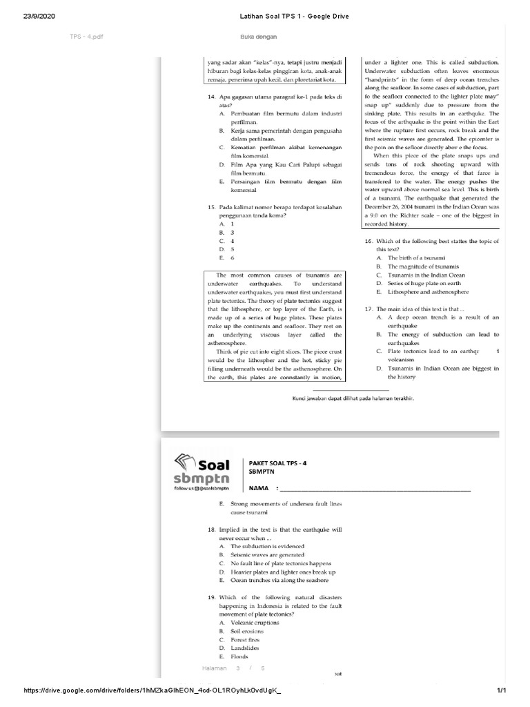 Latihan Soal TPS 1 Google Drive PDF Plate Tectonics Geophysics