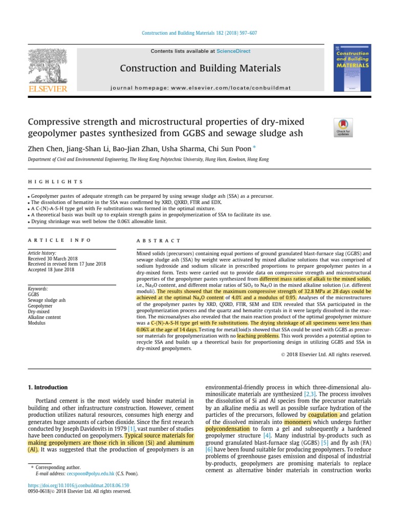 Geopolymer Strength from GGBS and SSA | PDF | X Ray Crystallography ...