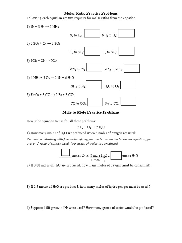 Molar Ratio Practice Problems | PDF | Mole (Unit) | Analytical Chemistry