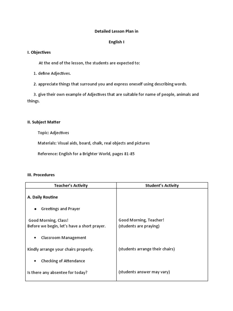 Detailed Lesson Plan in English I I. Objectives | PDF | Adjective | Noun