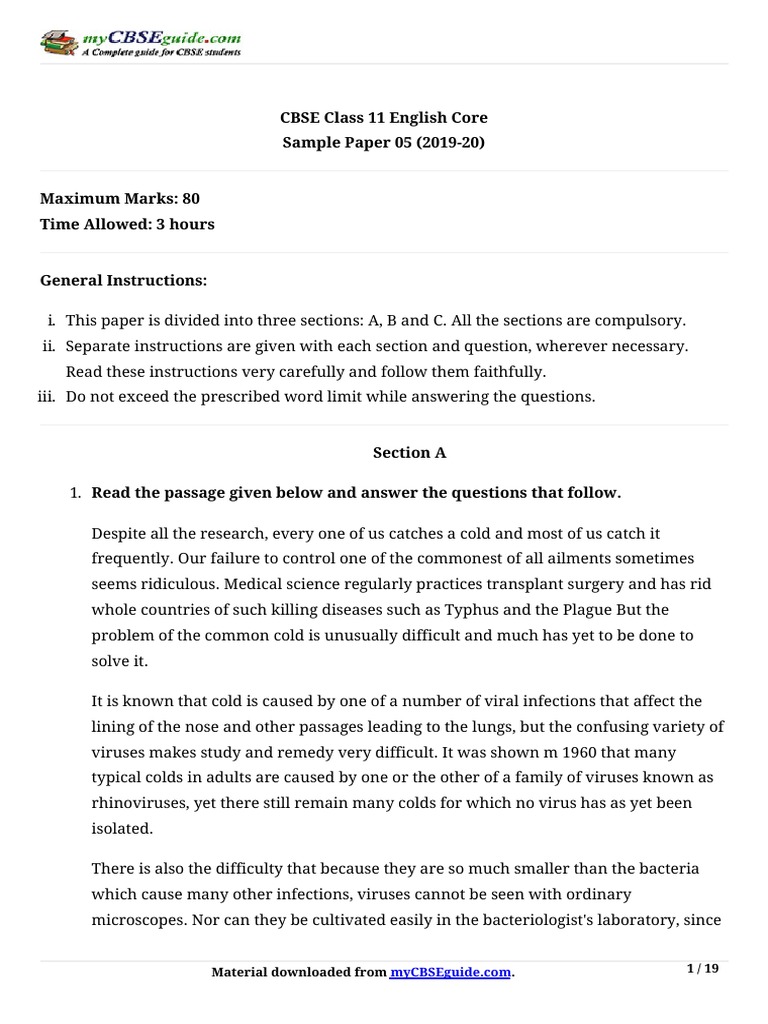 CBSE Class 11 English Core Sample Paper 05 (201920) Material