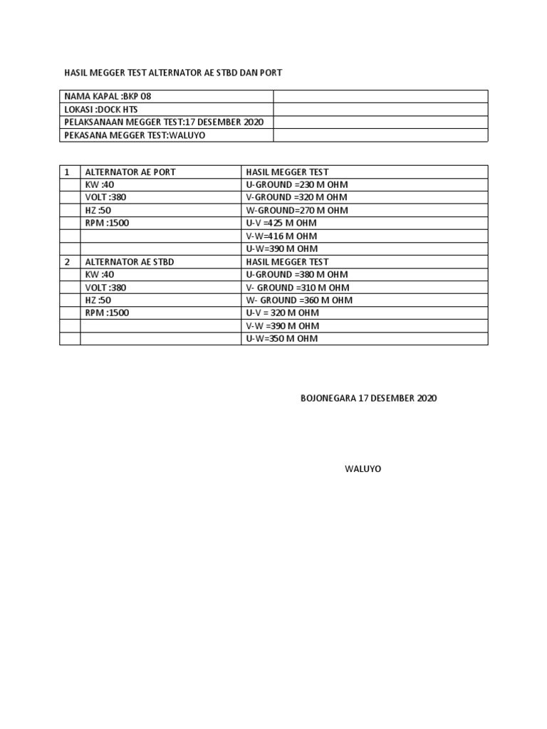 Hasil Megger Test Alternator Ae STBD Dan Port PDF