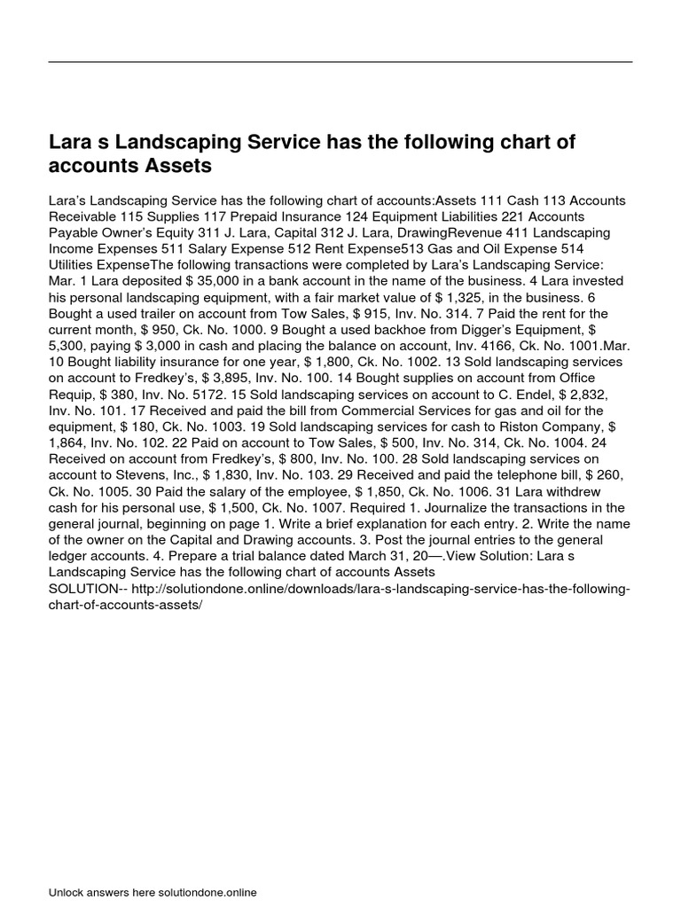 Lara S Landscaping Service Has The Following Chart of Accounts Assets PDF