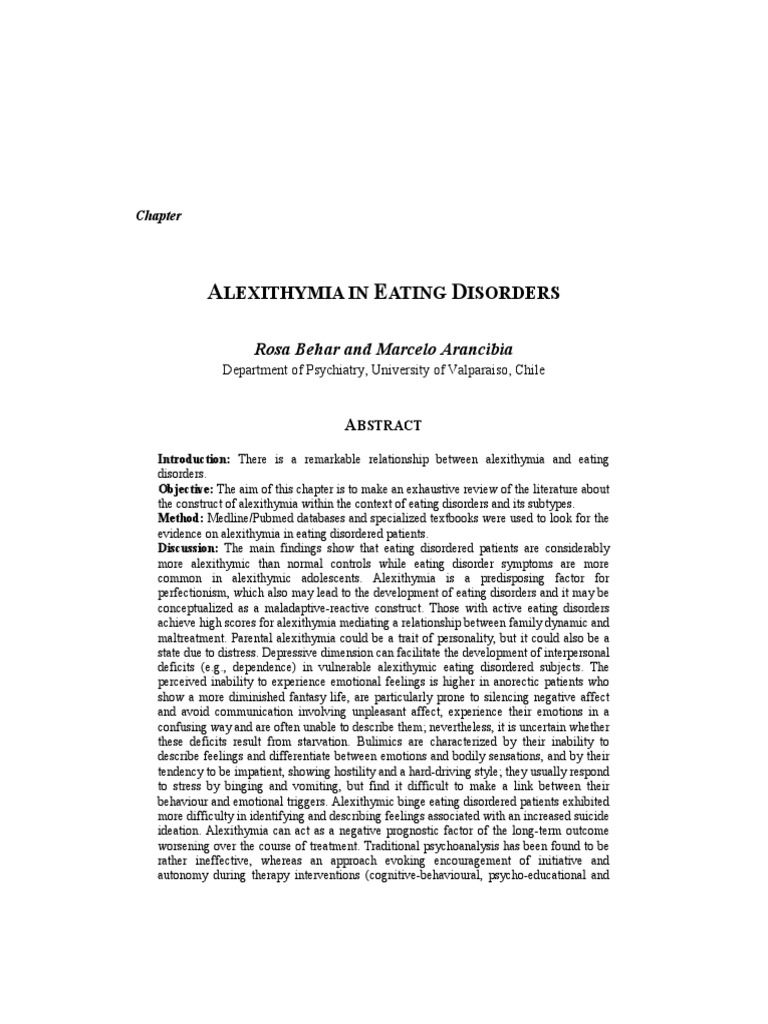 Lexithymia in Ating Isorders: Rosa Behar and Marcelo Arancibia | PDF ...