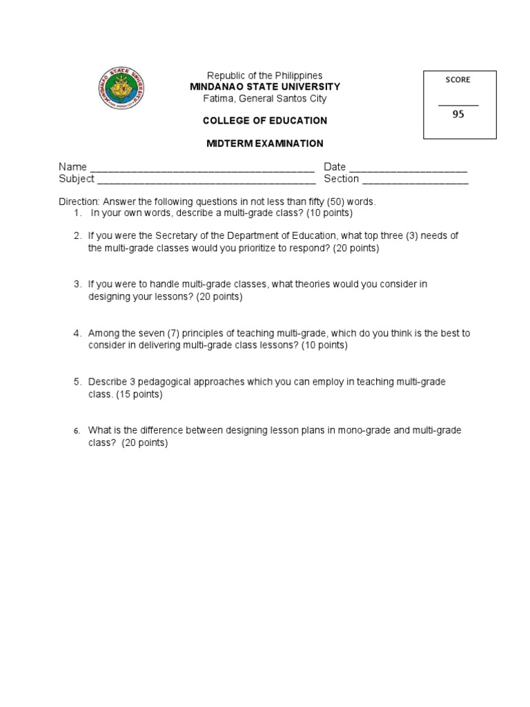 Midterm Exam for Multigrade Teaching | PDF