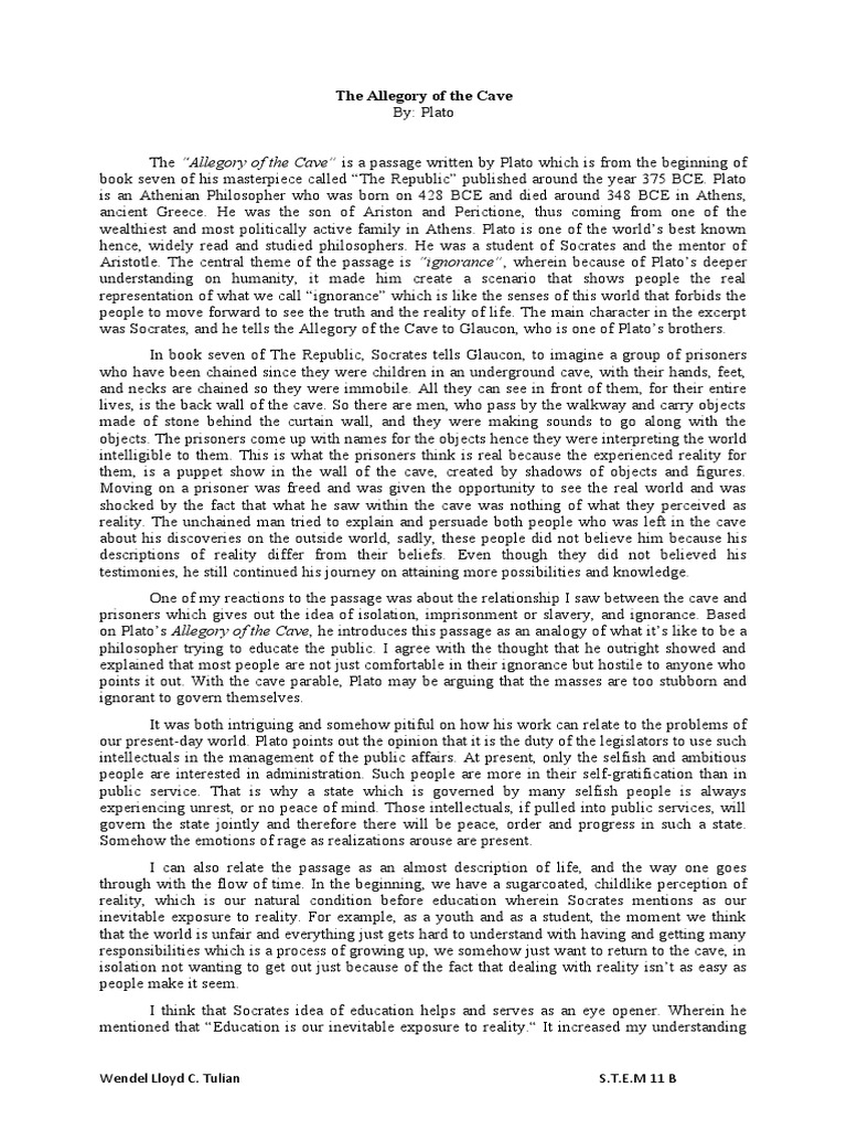 The Allegory of The Cave Reaction Paper PDF Plato Socrates
