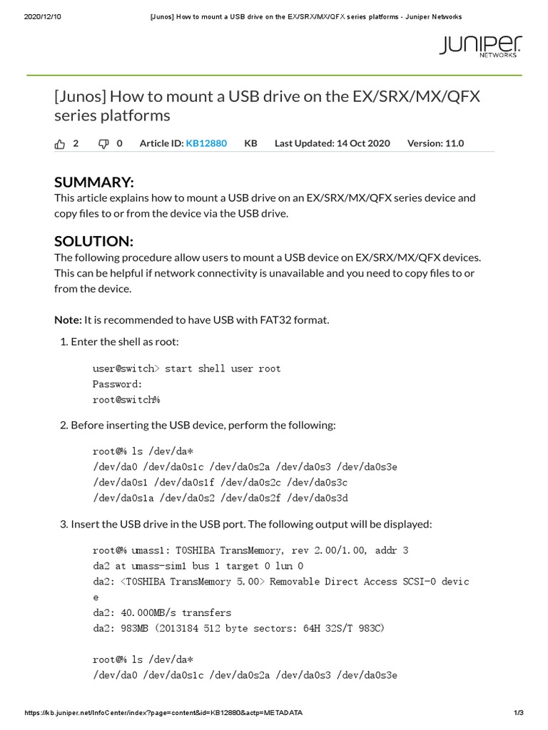 (Junos) How To Mount A USB Drive On The EX SRX PDF Usb Flash