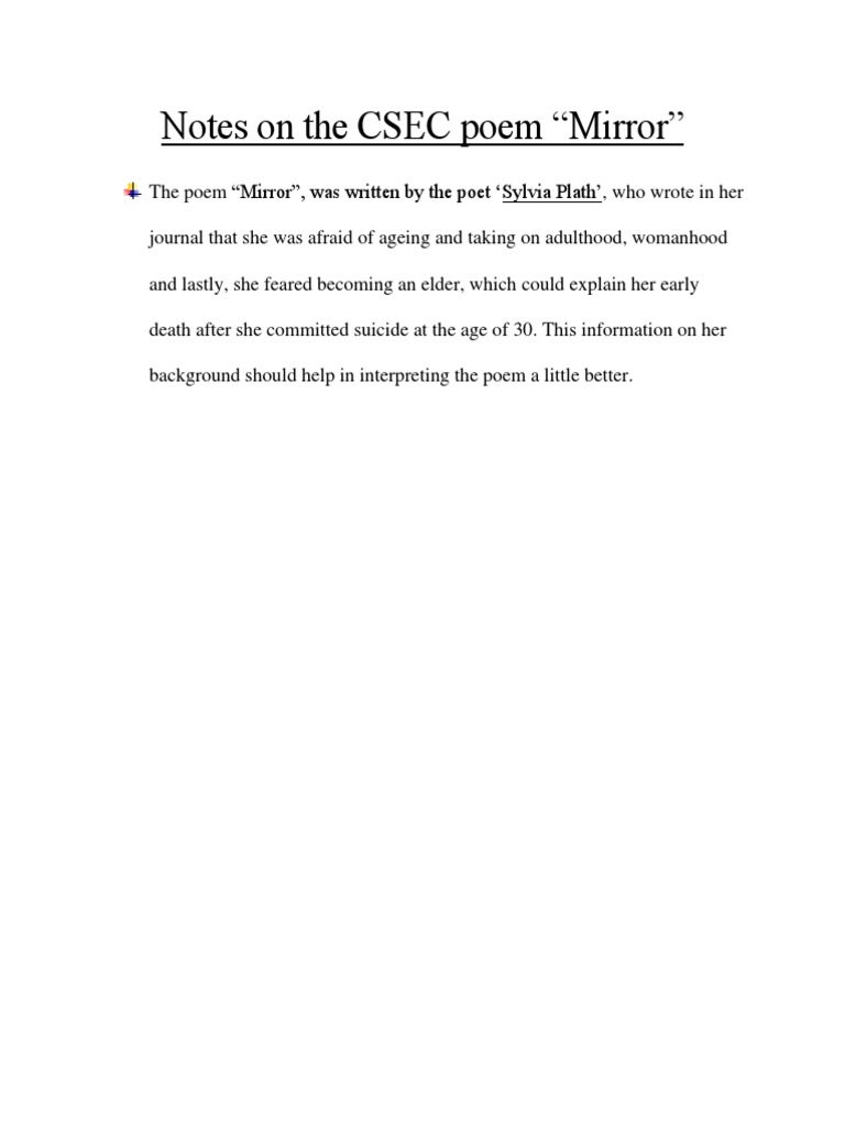 Mirror by Sylvia Plath (Summary and Explanation) PDF Sylvia Plath