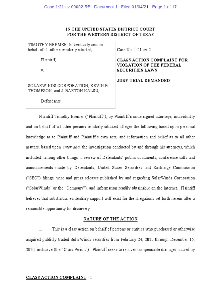 bremer-vs-solarwinds-download-free-pdf-sec-rule-10b-5-class-action